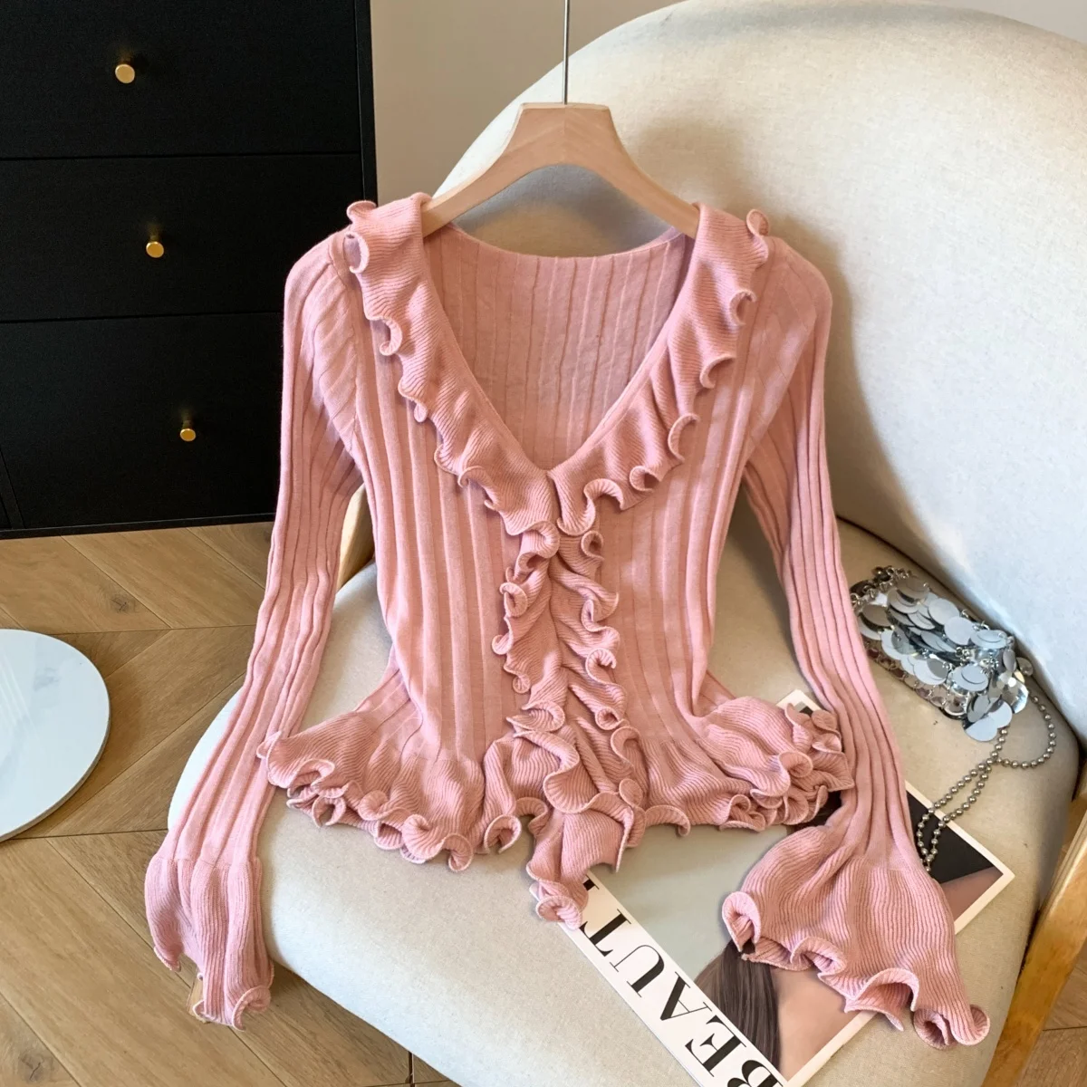 

French Sweet V-Neck Long Sleeve Knitwear Pullover Sweater Women Early Autumn Fashion Casual Simple Slim Fit Base Knitted Top