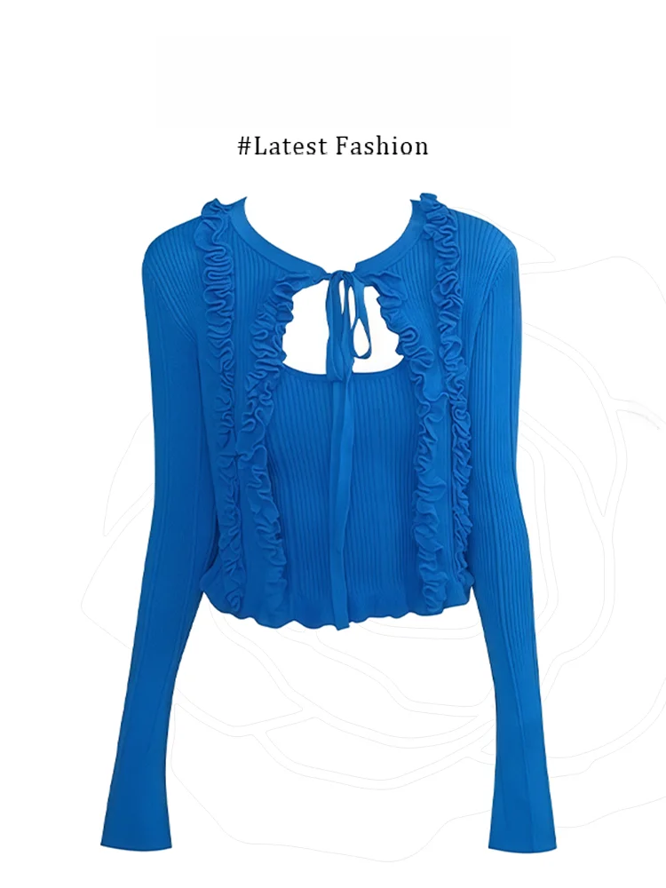 Marie Blue Knitted Open Cardigan with Belt And Wood Grain Ruffle Two-Piece Set Elegant Style Casual Wear for Women