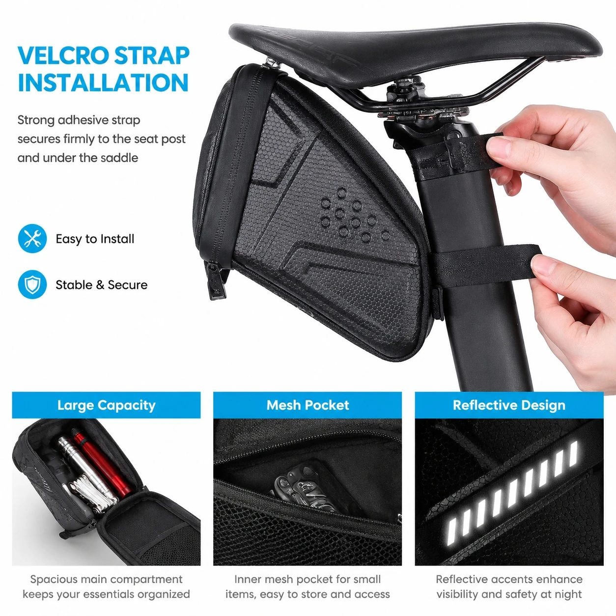 Waterproof Hard Shell Bike Saddle Tail Bag, Reflective Cycling Seat Storage Pouch for Mountain Road Bicycle Accessories 1L