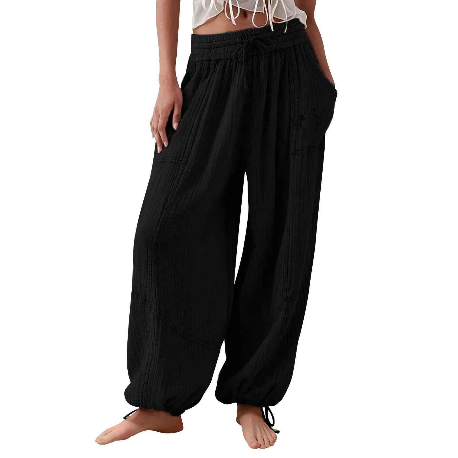 Autumn Wide Leg Pants High Waisted Solid Color Loose Lantern Pants Women\'S Elastic Waist Pleated Straight Leg Pant For Women