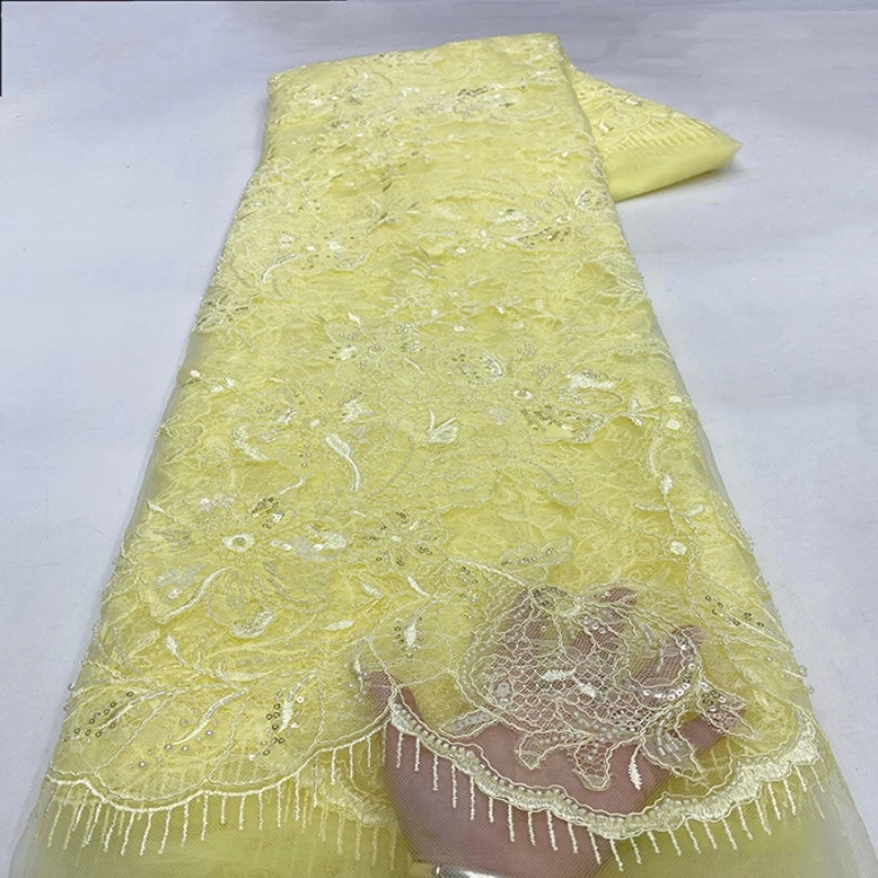Nigerian Handmade Embroidery Beaded Lace Fabric, African Sequins Tulle Mesh Lace Fabric For Bridal Wedding Dress Sewing Material 5