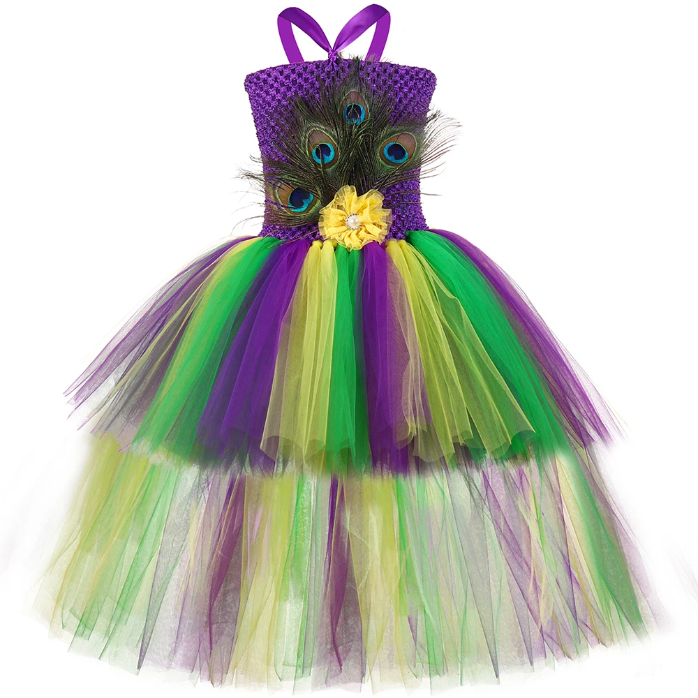 Flowers Peacock Feathers Costumes Girls Christmas Trailing Dresses for Kids Birthday Party Outfit Princess Long Tutus with Tail