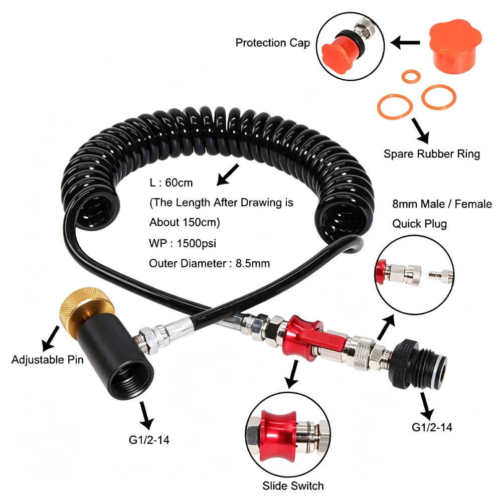 Metal G1/2-14 Sliding Valve Coil Hose with On-Off Switch and Remote-Coiled Tube for Workshop and Production Line Use