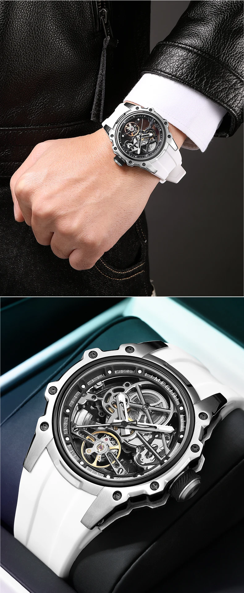 MEGIR Skeleton Dial Automatische Mechanische Uhr Männer Edelstahl Gehäuse Wasserdicht Leuchtende Sport Armbanduhr mit Silikon Armband – Detail 11