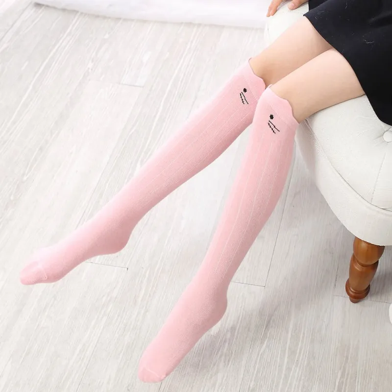 New Kids Socks Solid Cotton Long Socks with Cute Cartoon Cat Print Girls Fashion Casual Versatile Princess Style Knee-High Socks