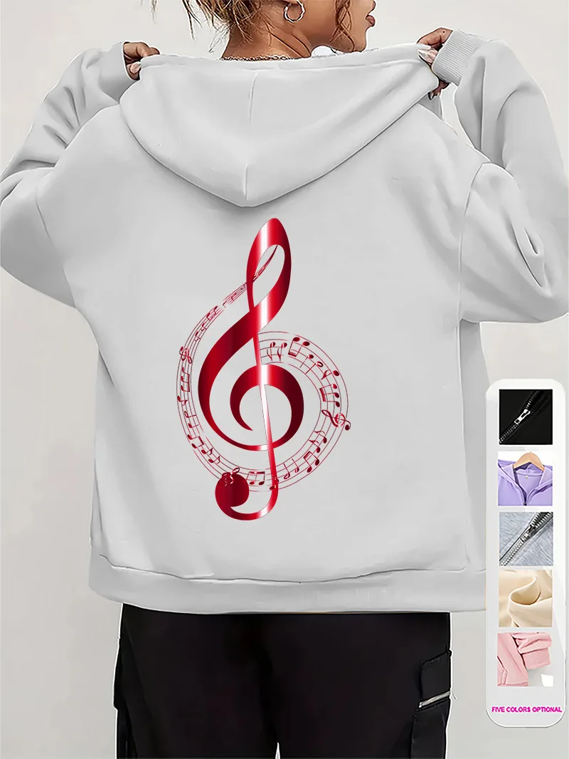 Women Treble Clef Music Note Print Hoodie Back Musical Graphic Long Sleeve Casual Oversized Autumn Pullover Sweatshirt