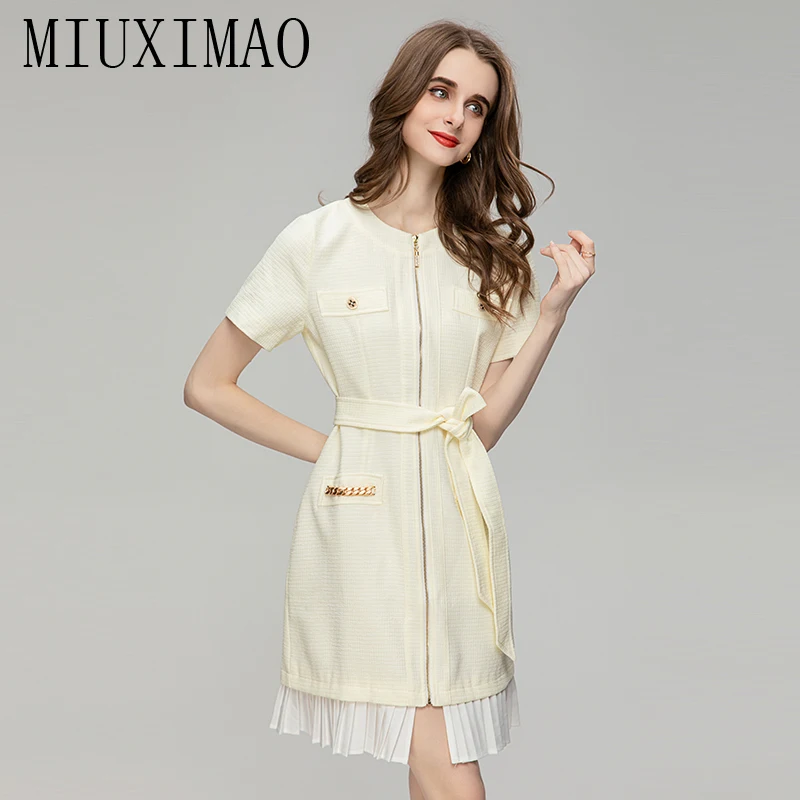 MIUXIMAO 2023 Fall Dress  Fashion Slim Short Sleeve Jacquard O-neck  Ruched Tank Dress Women Vestidos Mini Dress Belt