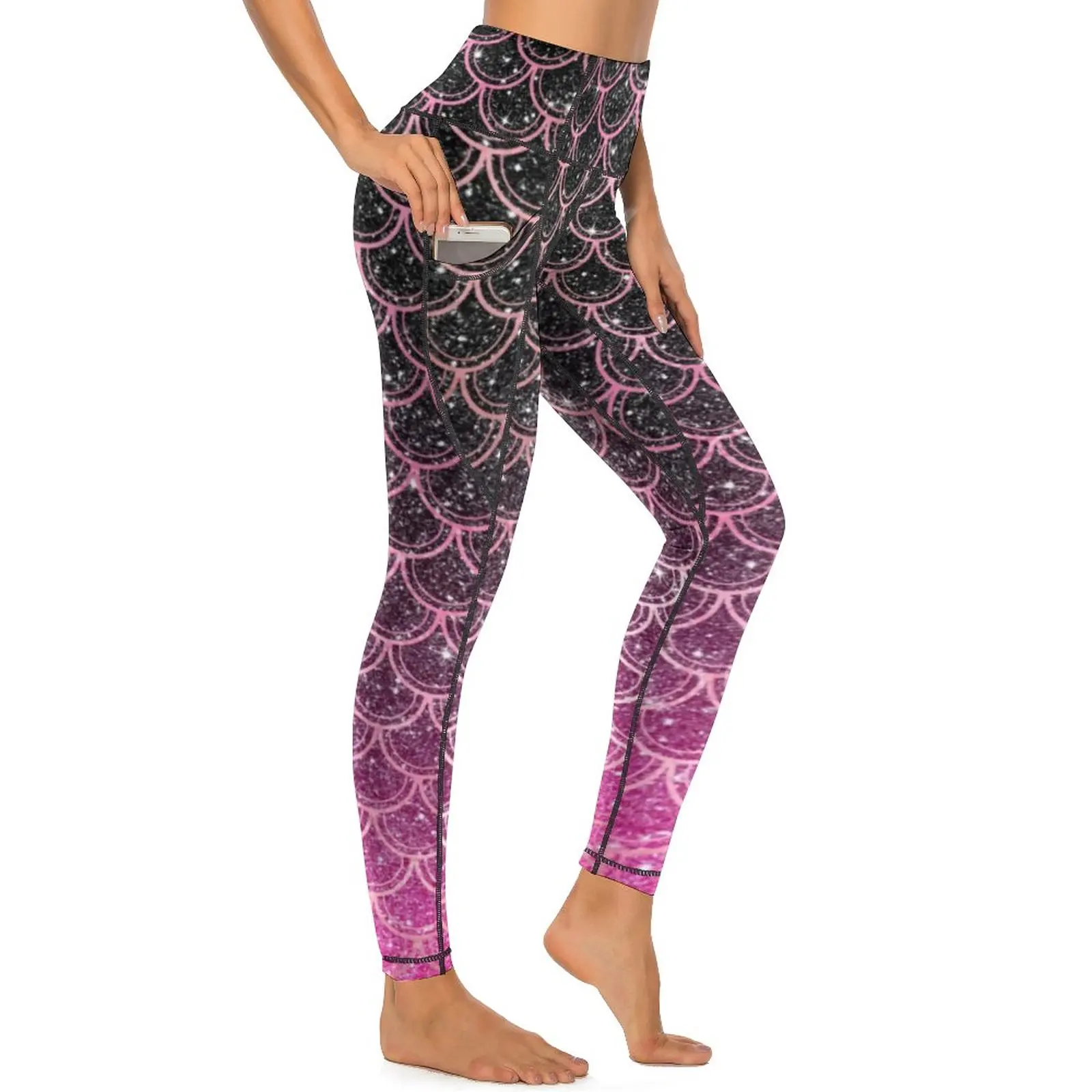 Mallas con estampado de sirena para mujer, pantalones elásticos de cintura alta con purpurina ombré, para Fitness, gimnasio y Yoga