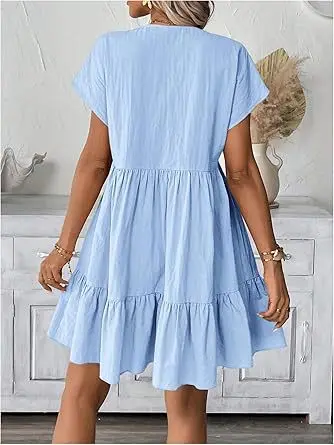 Dress, European & American Clean Fit Relaxed Style, Textured Ruffle Vibe, 2026 Summer New V-Neck Short Sleeve Solid Loose Tiered