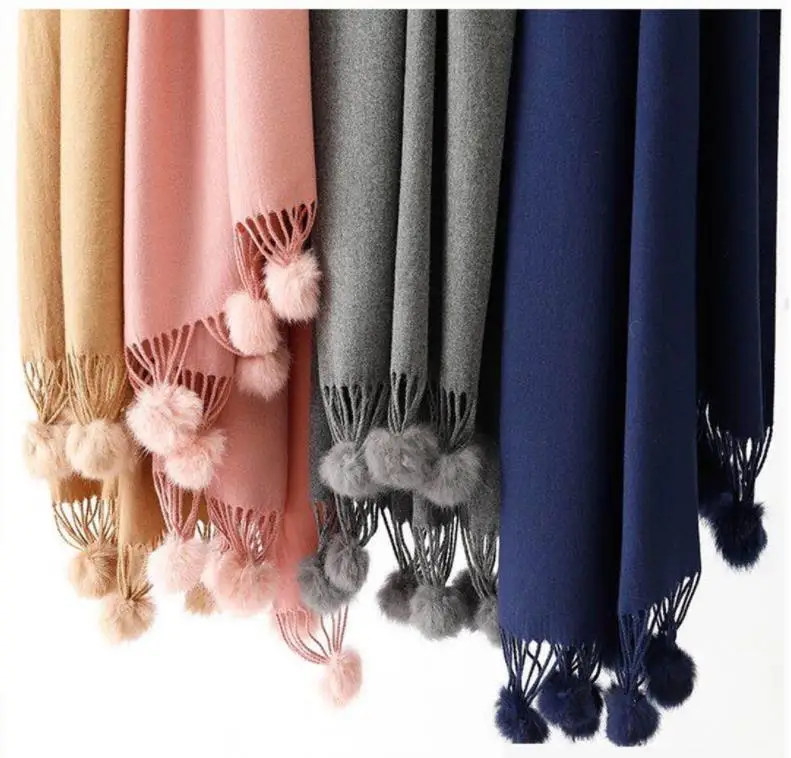 

Women High Quality Plain Rabbit Fur Pom Pom Cashmere Shawl Scarf Winter Oversized Pashminas Poncho Hijab Blanket Cachecol