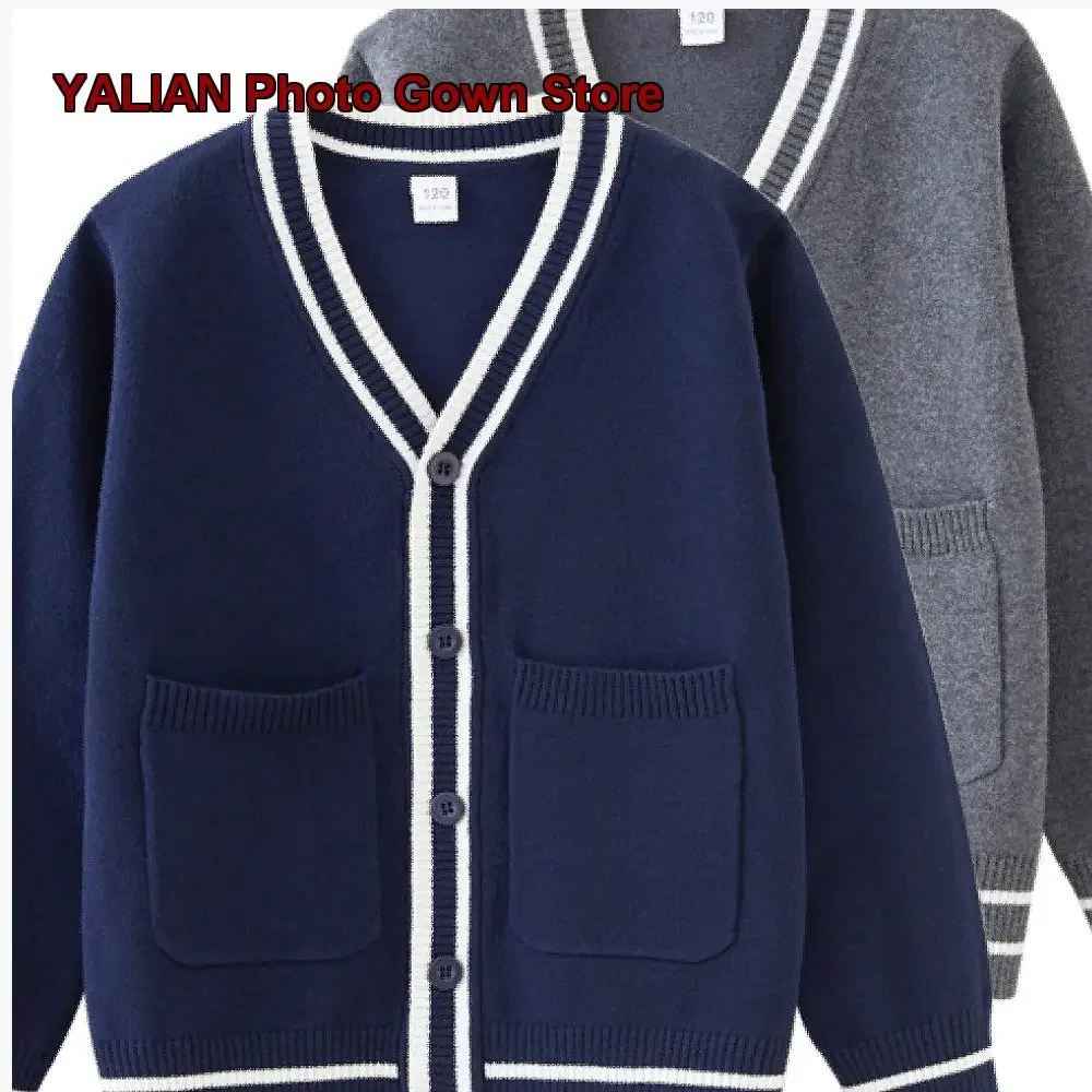 Ozon Contrast Color Parent-Child Outfit Pocket V-Neck Older Kids Knit School Uniform Boys Girls Coat