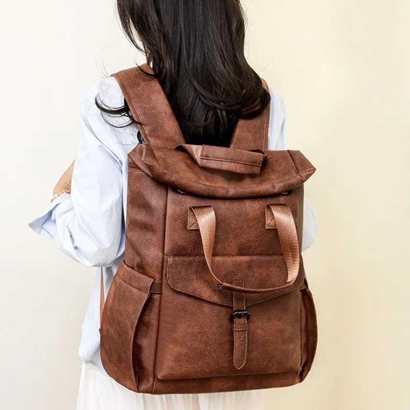Winter Retro PU Leather Women Backpack Business Commute Daypack Students School Bags Laptop Bag Outdoor Casual Travel Rucksack