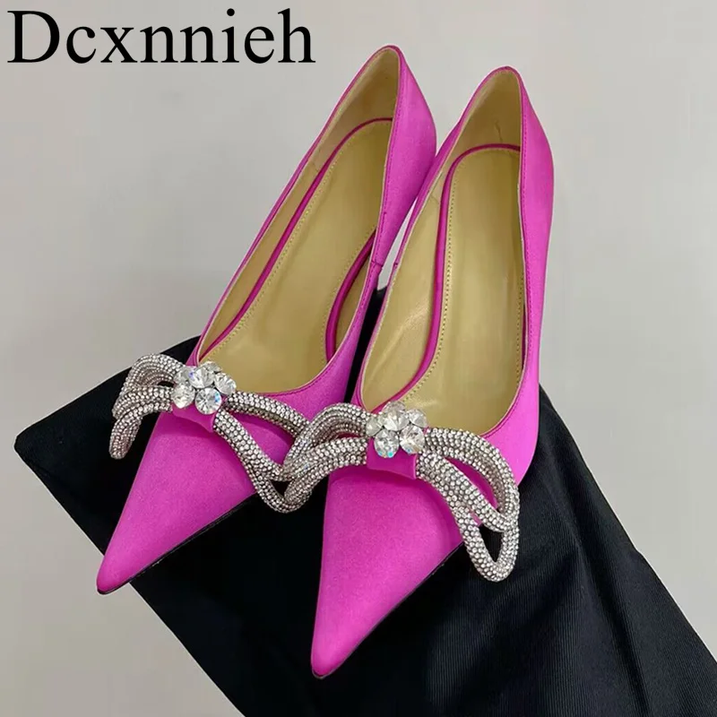 

Pointed Toe Silk satin High Heels Pumps Spring Autumn Women Shallow Mouth Crystal bow Decor Single shoes Sexy Party Dress Shoes