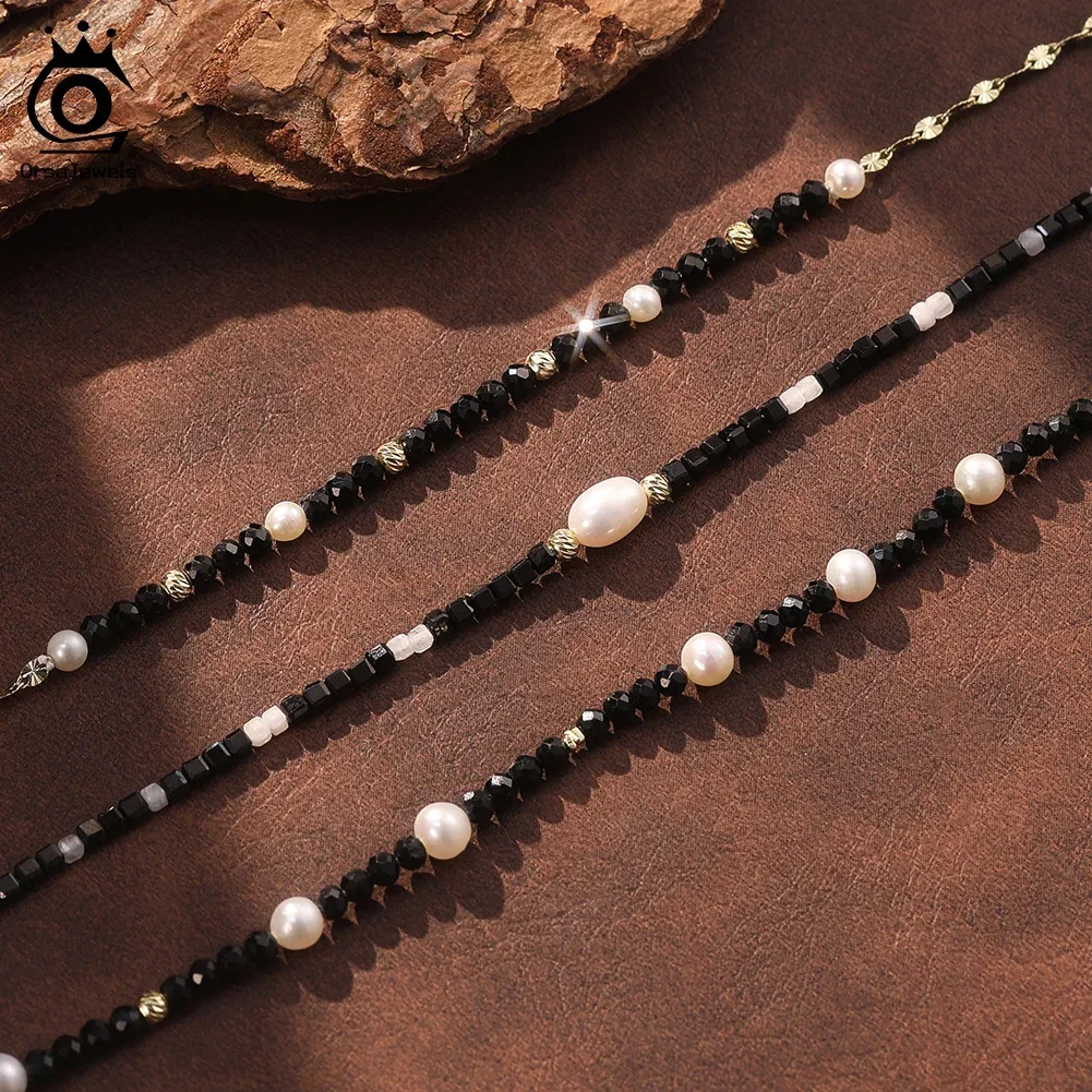 

ORSA JEWELS S925 Silver Natural Black Stone Beads Bracelet for Women Fashion Baroque Pearl Chain Bracelet Gemstone Jewelry MPB21