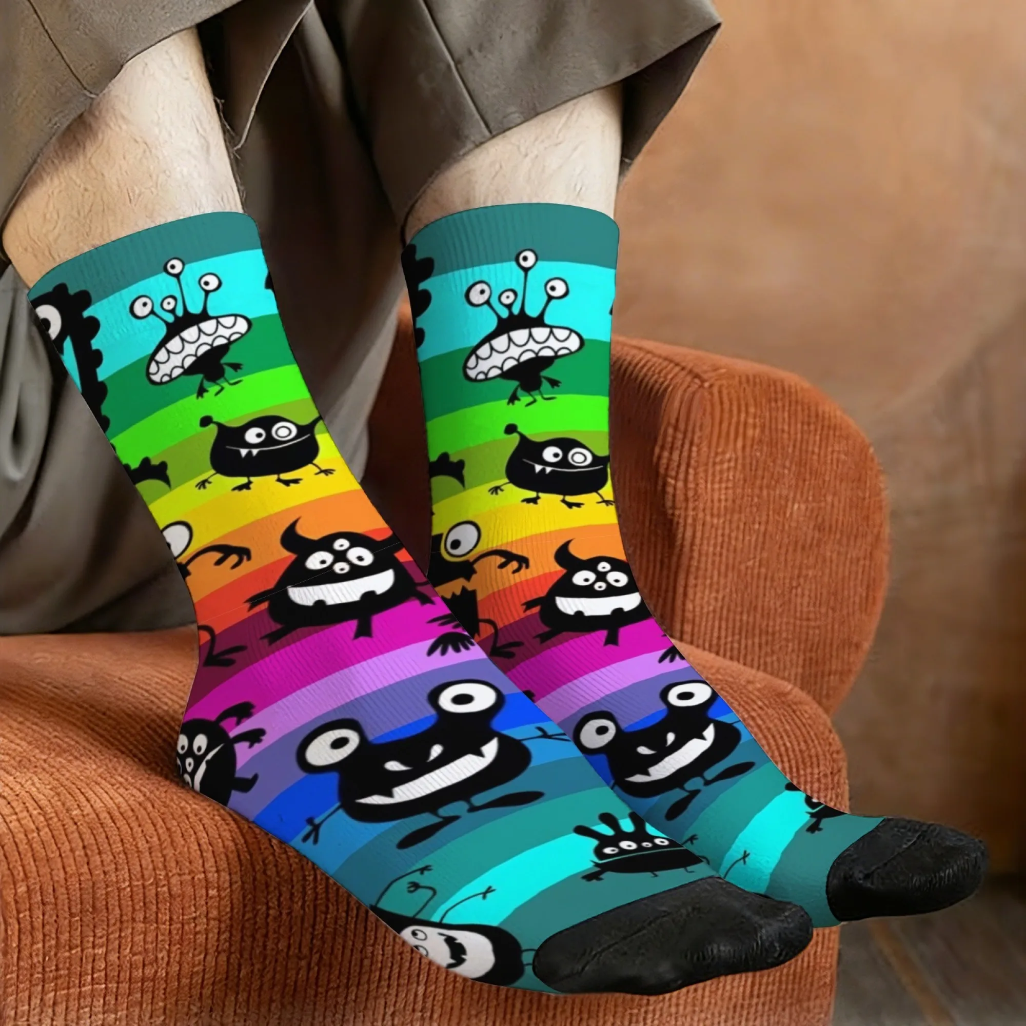 Playful and Quirky Rainbow Monster Print Mid-calf Socks Cartoon Style Suitable for Outdoor Parties Comfortable Soft Warm Socks