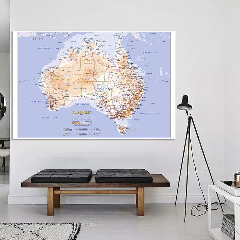 Póster grande de mapa de Geografía y Transporte de Australia, suministros de lona no tejida para escuela de pintura, decoración del hogar, 225x150cm