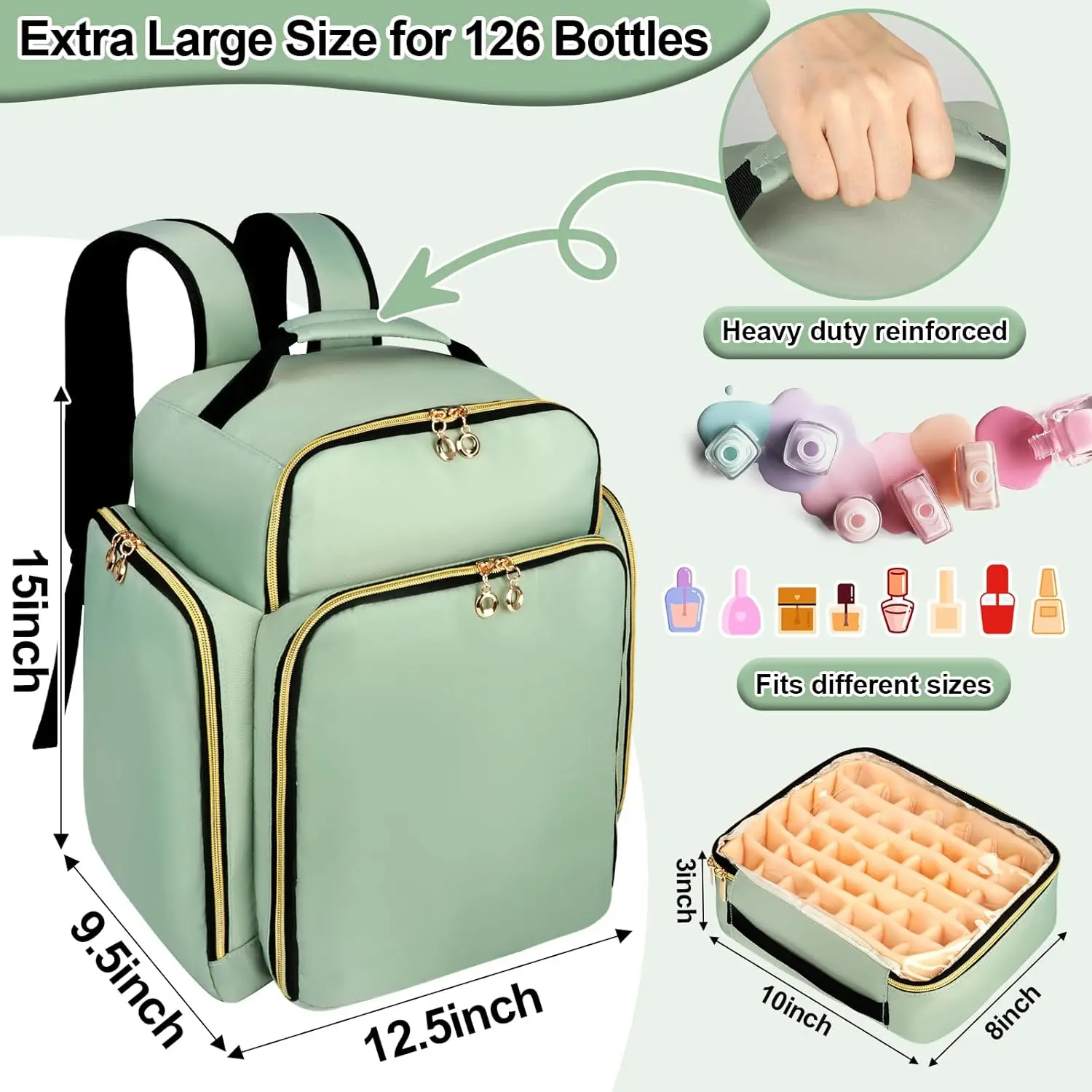 Plecak na lakiery do paznokci o bardzo dużej pojemności, na 126 butelek, z lampą UV, przenośna torba podróżna (zielony)