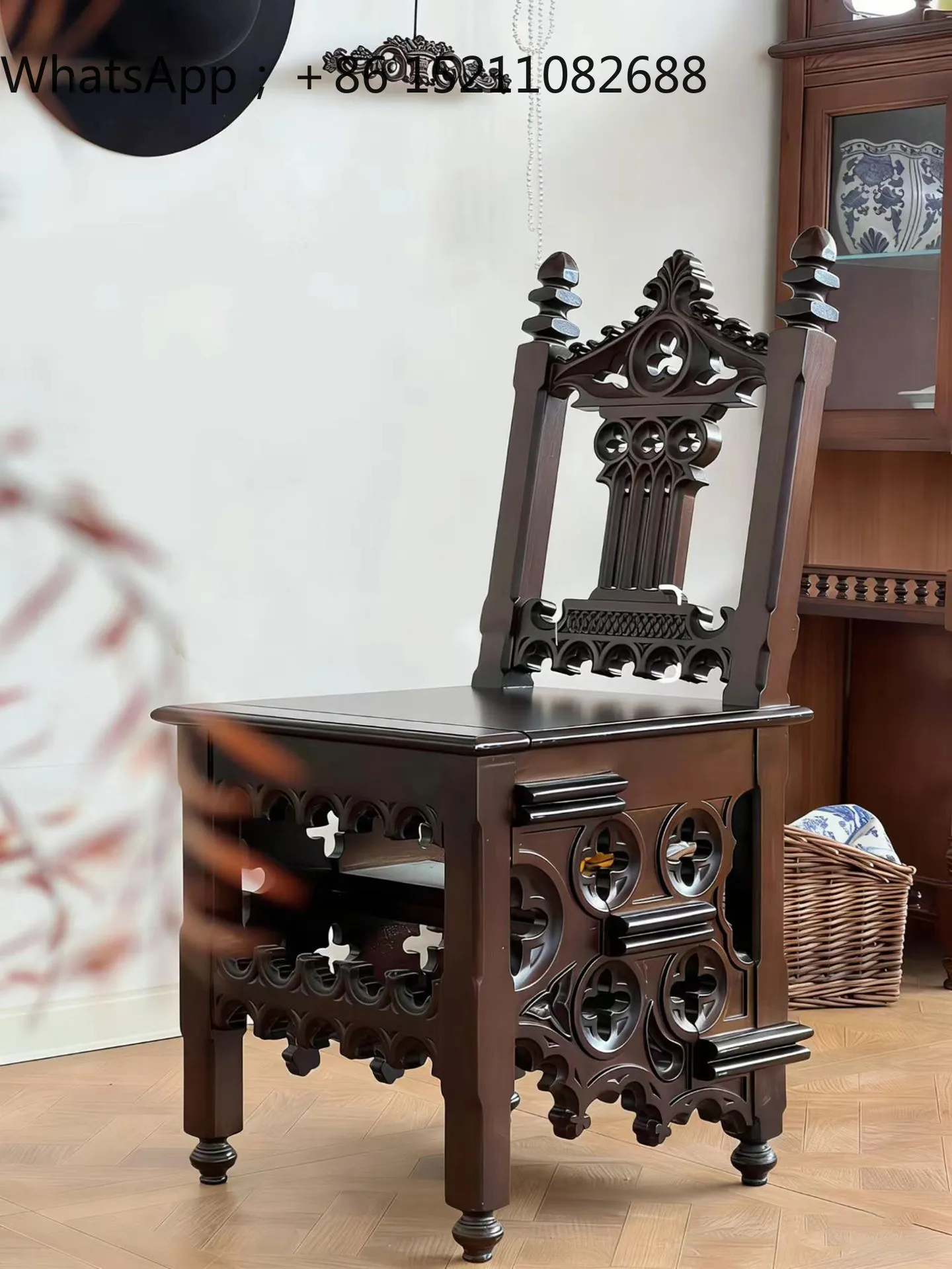 LLY medieval solid wood chair foldable carved multi-functional small apartment family step ladder retro dining chair