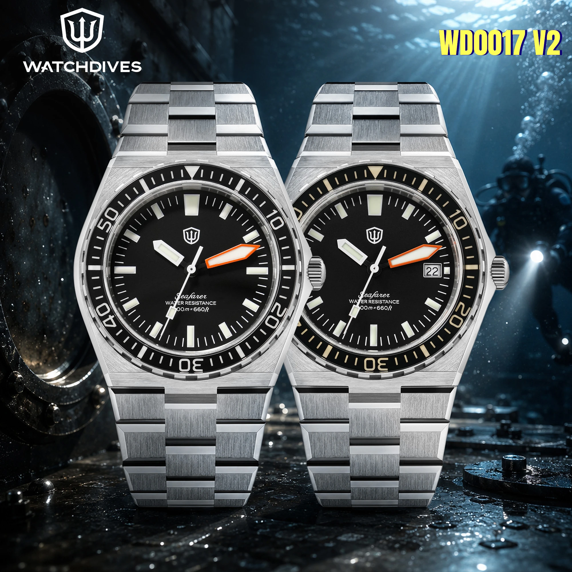 watchdives WD0017 Orologio subacqueo al quarzo da 41 mm con cristallo di zaffiro 200M impermeabile Ronda 515/VH31 Sweep Second BGW9 Lume in acciaio in
