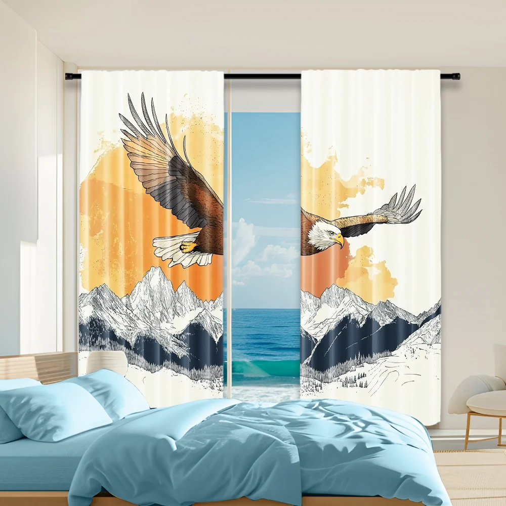 2 pcs, versatile polyester transparent curtains for home decoration Eagle Soaring Over Mountains for use in bedrooms and living