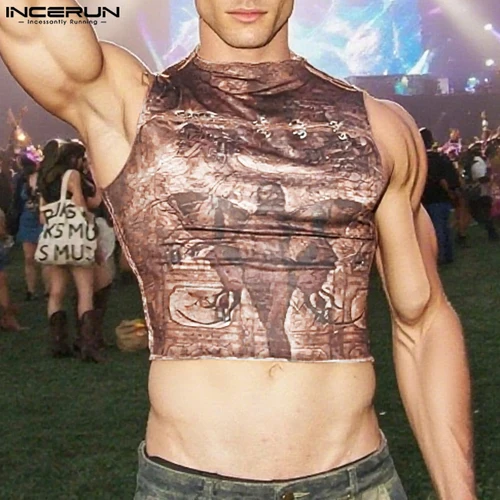 Imagen 2 del producto INCERUN, camisetas sin mangas para hombre con estampado calado, chalecos sin mangas con cuello redondo para hombre, ropa de calle, Tops cortos sexis de moda para verano 2025, S-3XL para hombre