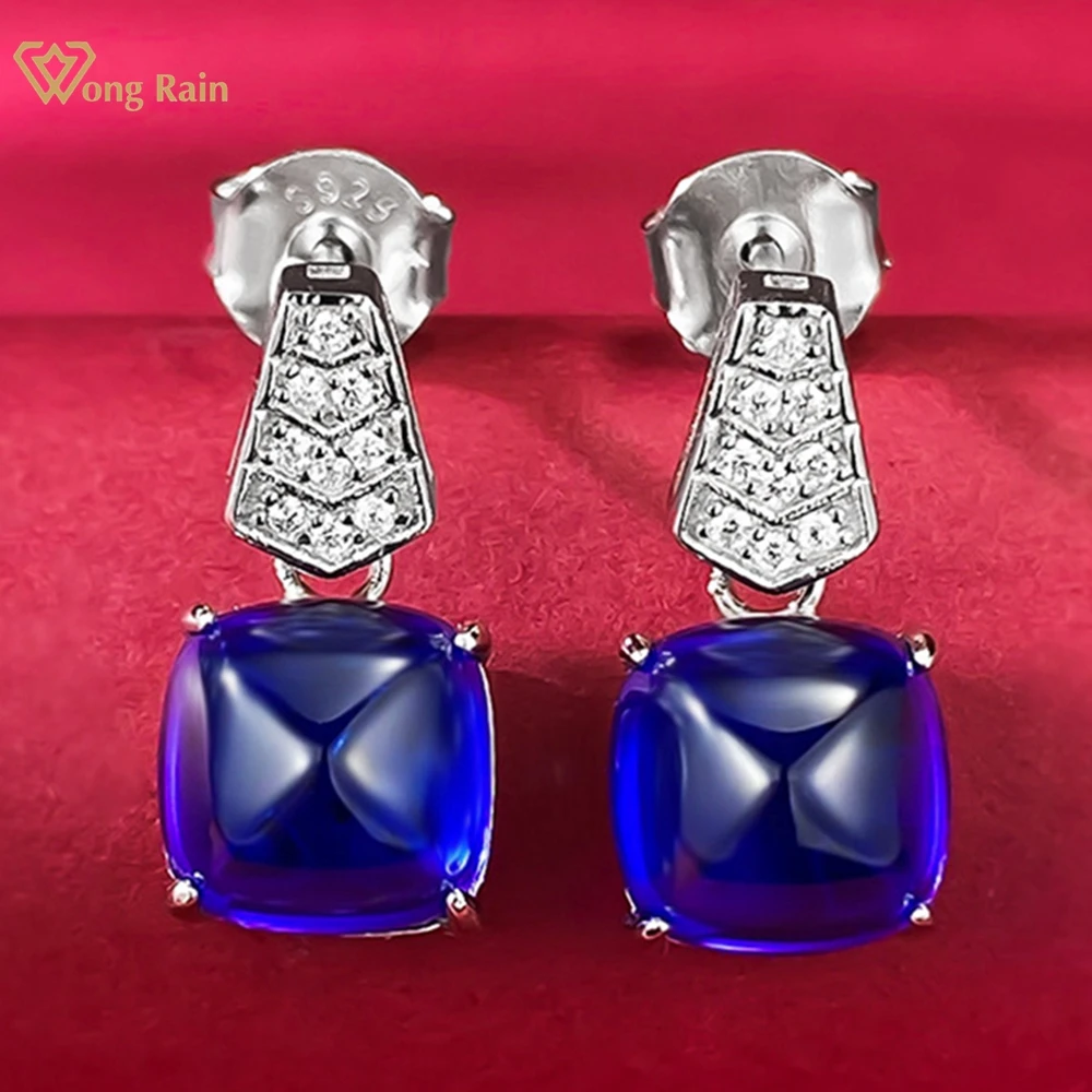 

Wong Rain Vintage 100% 925 Sterling Silver Sugar-loaf Cut 8*8MM Sapphire Gemstone Fine Ear Studs Earrings for Women Jewelry Gift