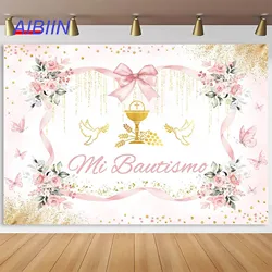 My Baptism Backdrop Pink Bow Butterfly Flowers Cross Girl First Holy Communion Party Decor Christening Photography Background