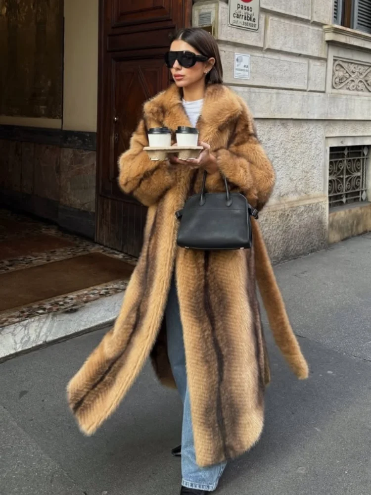 Fashion Women Tie-dye Long Faux Fur Coat Casual Full Sleeve Lapel V-neck Loose Furry Coats 2026 Lady Winter Daily Commute Wear