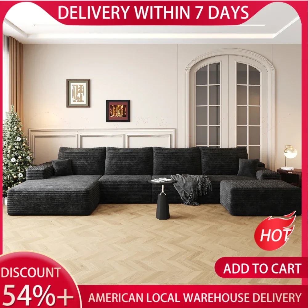 

135"U-Shaped Boneless Couch with Ottoman Convertible Sleeper Compression Sofa Deep Seat Foam Cloud Living Room BedroomFurniture