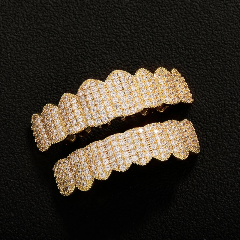 Hip Hop Full Iced Out CZ Stones Teeth Grillz Caps Cubic Zircon Micro Pave Top&Bottom Charm Grills Set For Men Women Jewelry Gift