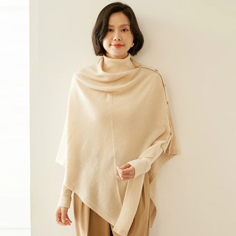 100% Cashmere Shawl irregular Cloak For Autumn Winter Fashion Korean Scarf With Buckle Cardigan Knitted Shawl For Outerwear