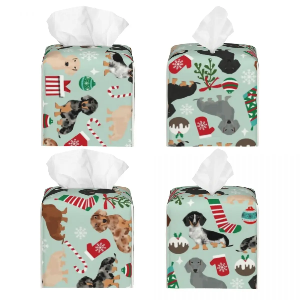 Custom Dachshunds Retro Christmas Tissue Box Cover Square PU Leather Sausage Wiener Badger Dogs Facial Tissues Holder for Car