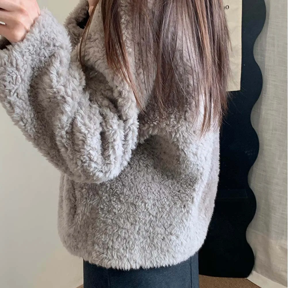 Lamb Fur Crop Coats Women Long Sleeve Button Vintage Jacket Fall Winter All Match Thick Warm Preppy Outwear