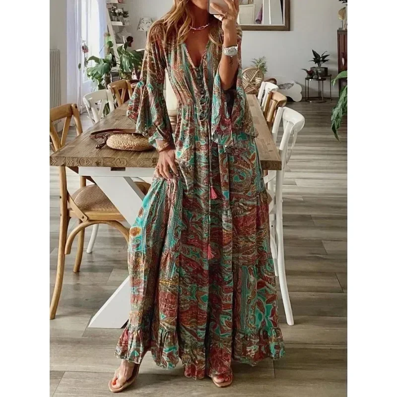 Femme taille S-3XL style bohème manches trompent imprimé col en v taille haute robe de vacances florale longue robe
