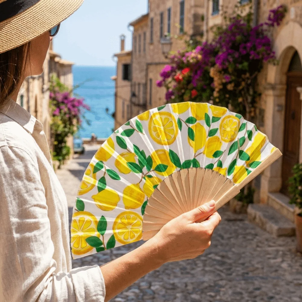Fashion Lemon Print Folding Hand Fan Wooden Handle Creative Chinese Style Fan Portable Delicate Decorative Fan Photography