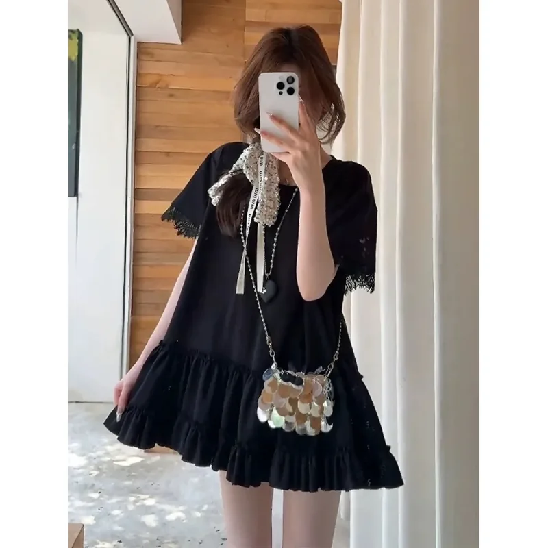 ชุดเดรสเสื้อยืดหลวมๆ ของผู้หญิง สีชมพู ชายเสื้อระบาย แขนลูกไม้ ชุดเดรสแขนสั้นลำลองสำหรับฤดูร้อน