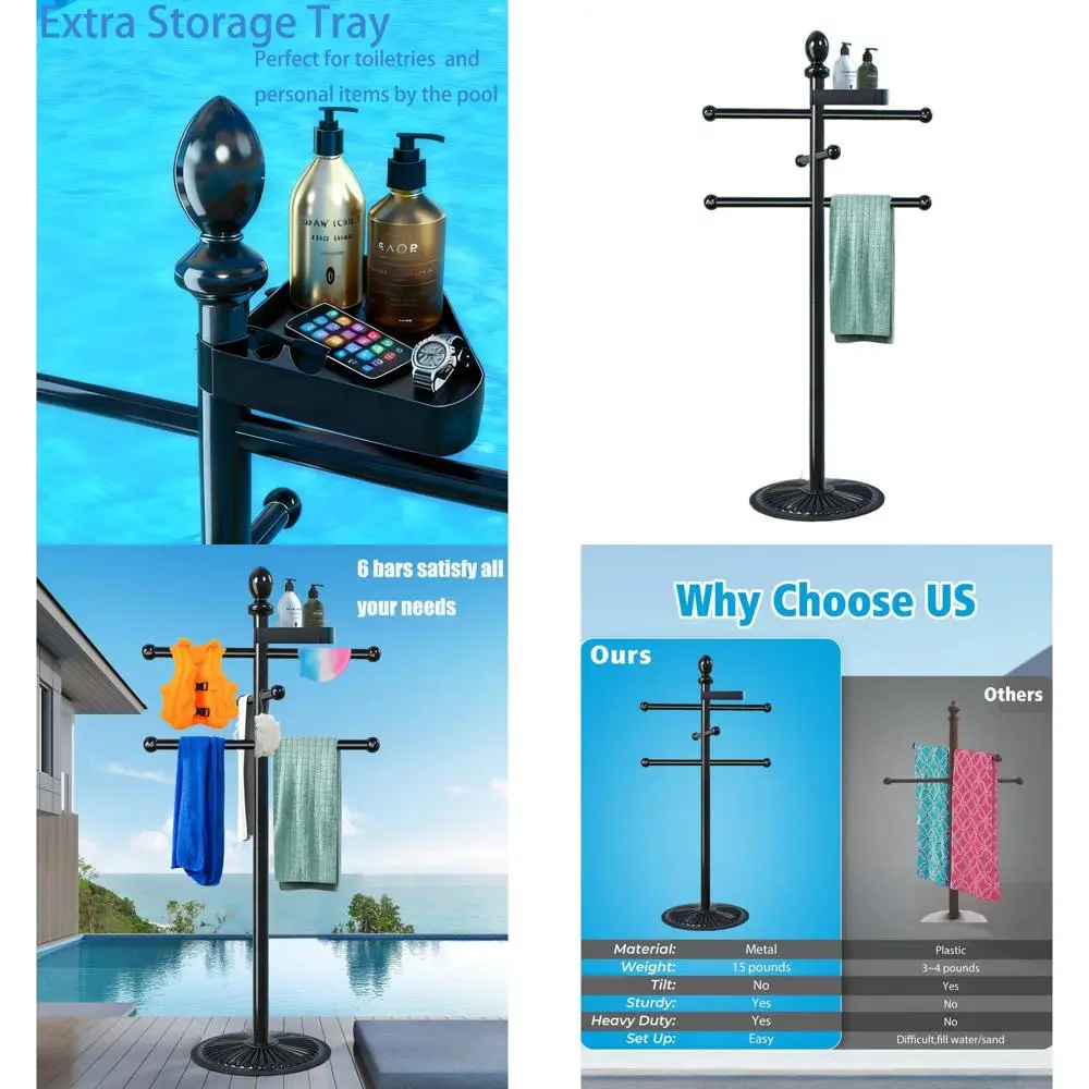 

Уличная сверхпрочная металлическая вешалка для полотенец с 6 перекладинами и верхним поддоном для аксессуаров для бассейнов и джакузи