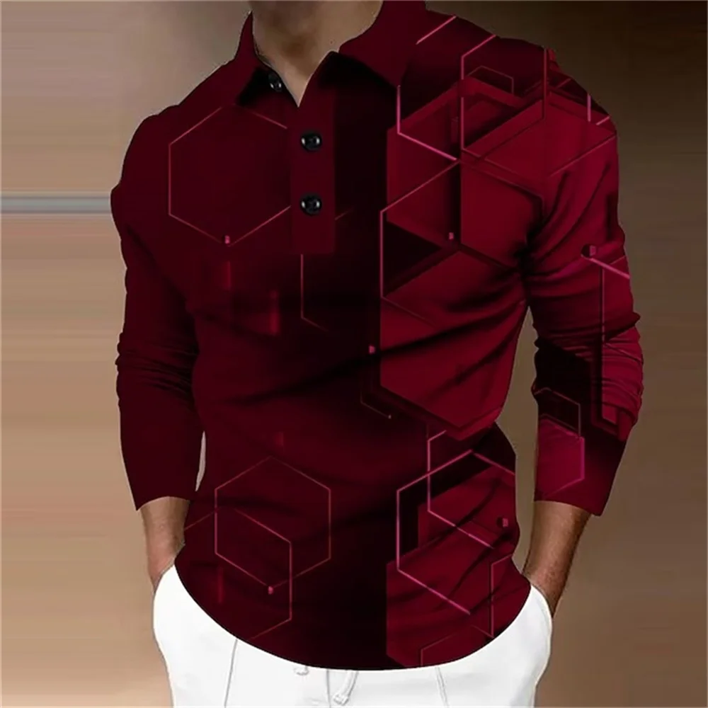 Men's 3D Printed Geometric Hexagonal Pattern Golf Shirt Long Sleeve Polo Shirt Business Casual Formal Button Collar AutumnWinter
