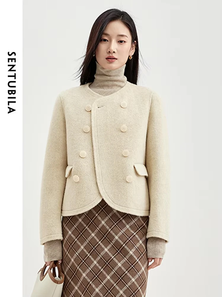 SENTUBILA Winter Wool Blend Cropped Coat Woman 2024 Autumn New Elegant Crew Neck Double Sided Wool Warm Jackets Top W34O49905