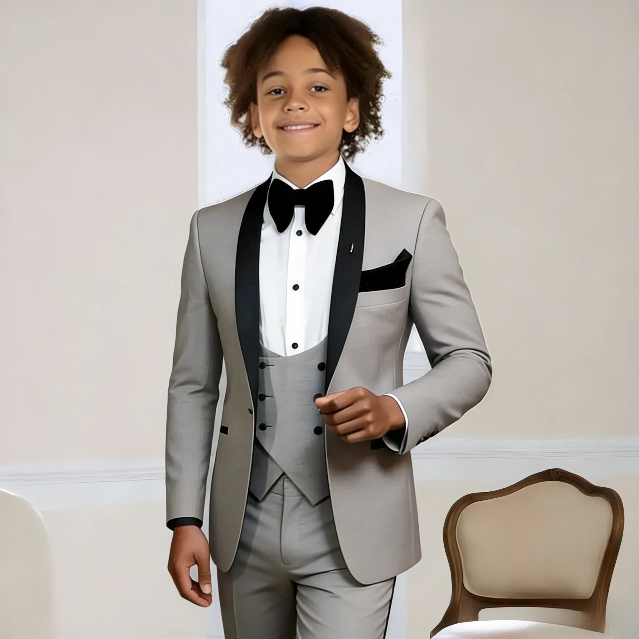 

Новый детский костюм-тройка с шалевым воротником для мальчиков: пиджак, брюки, жилет. Свадебный смокинг для детей 2-16 лет. Индивидуальный пошив.