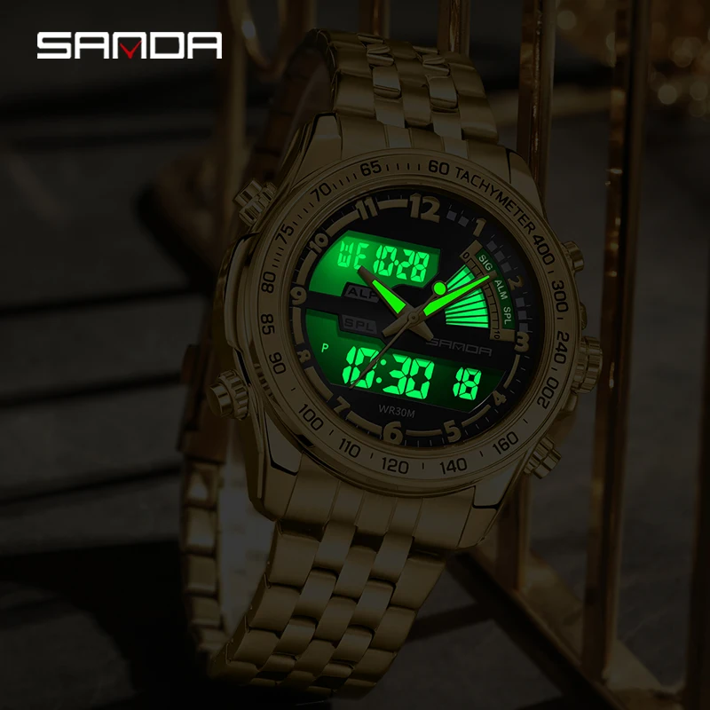 SANDA 3307 orologio da uomo moda elegante multifunzionale Business rotondo al quarzo elettronico doppio Display orologi con cinturino in acciaio
