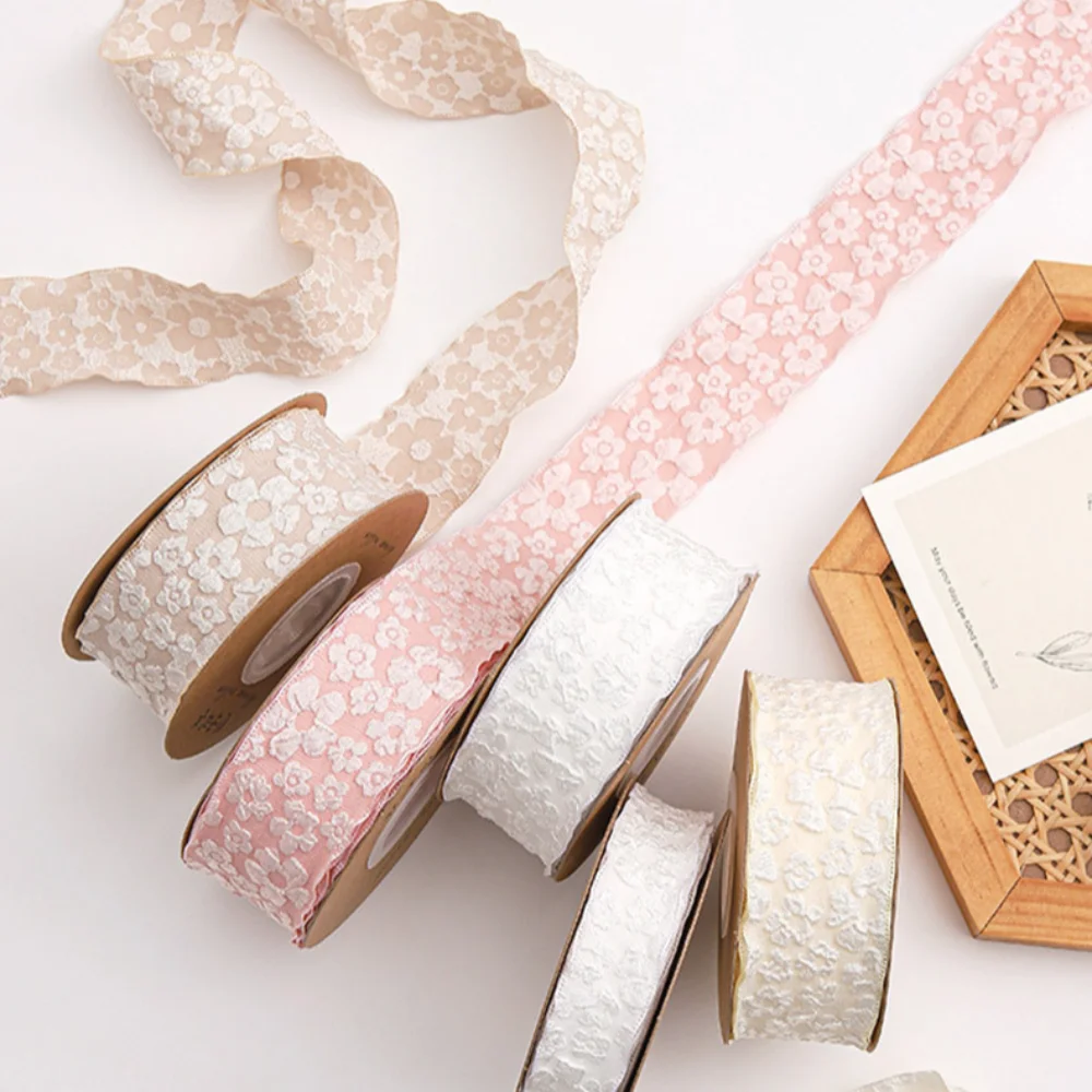 10 Yards Embossed Flower Ribbon Camellia 2.5cm Relief Flower Wave Ribbon Gift Wrapping Bouquets DIY Crafts Wedding Decoration