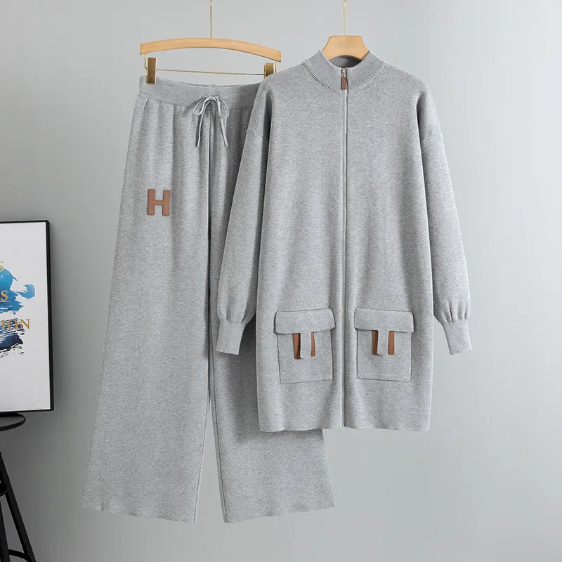Cross border European and American fashion casual small fragrance style medium long knitted sweater+wide leg pants two-piece set