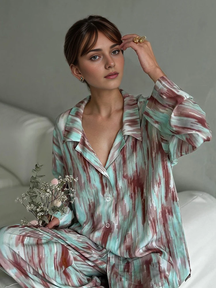 HiLoc Fashion Print Long Pants Pajamas Sets 2024 Female Autumn Long Sleeve Loose Shirt Nightwears Straight Pants Women Sleepwear