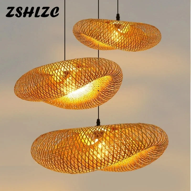 Classical Bamboo Weaving Chandelier Hanging Lamp Handmade Pendant Light LED Rattan Woven Ceiling Fixture Home Decor Lighting E27