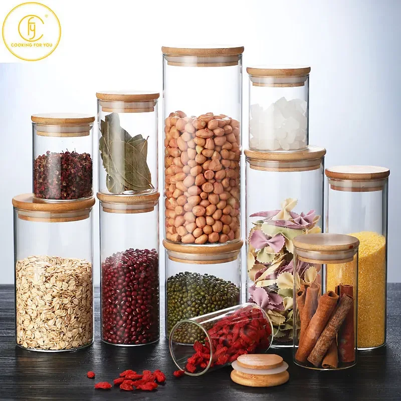 1Pcs Mason Candy Jar with Bamboo Cover Lid for Spices Grains Noodles Cookie Container Glass Jars Kitchen Food Storage Containers