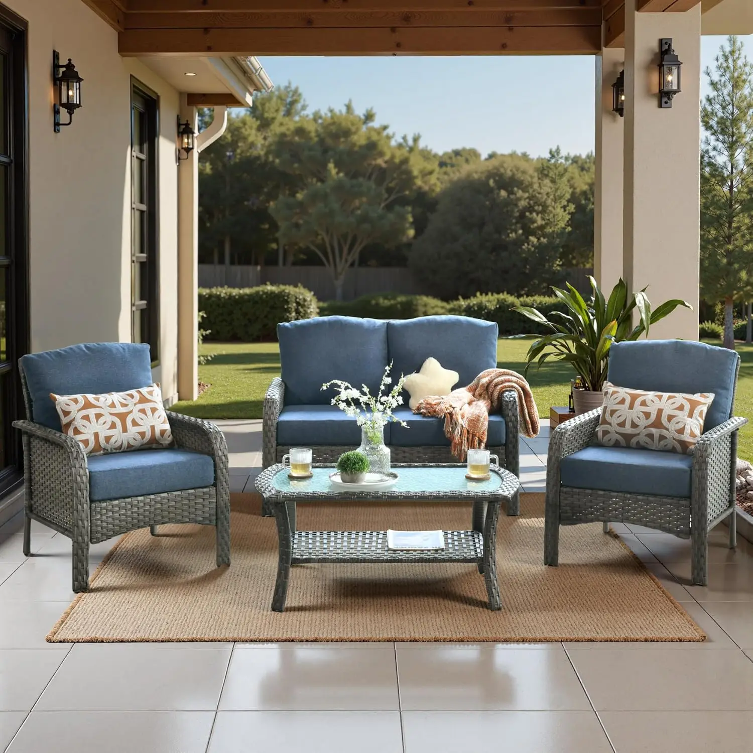 

Weaxty Wicker Patio Furniture Set High Back Loveseat Sofa Couch Armchair Coffee Table All Weather Rattan 4 Pieces Outdoor