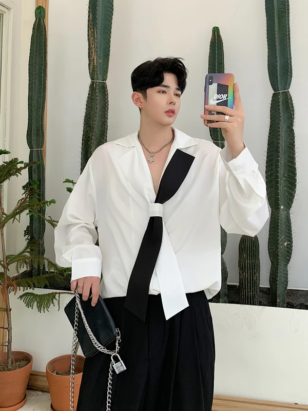 

Loose Fit Long Sleeve Men's Shirt Korean Style Color Block Design Bow Tie Casual Fashion Polyester Fiber Autumn Wear