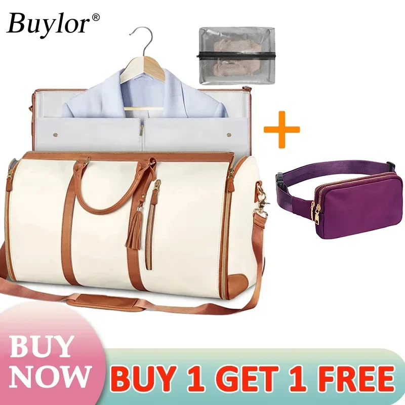Buylor Lot de 2 sacs pliables pour costumes, grande capacité, sac de voyage avec pochette à chaussures, sac à main imperméable pour femme, sac de sport extérieur
