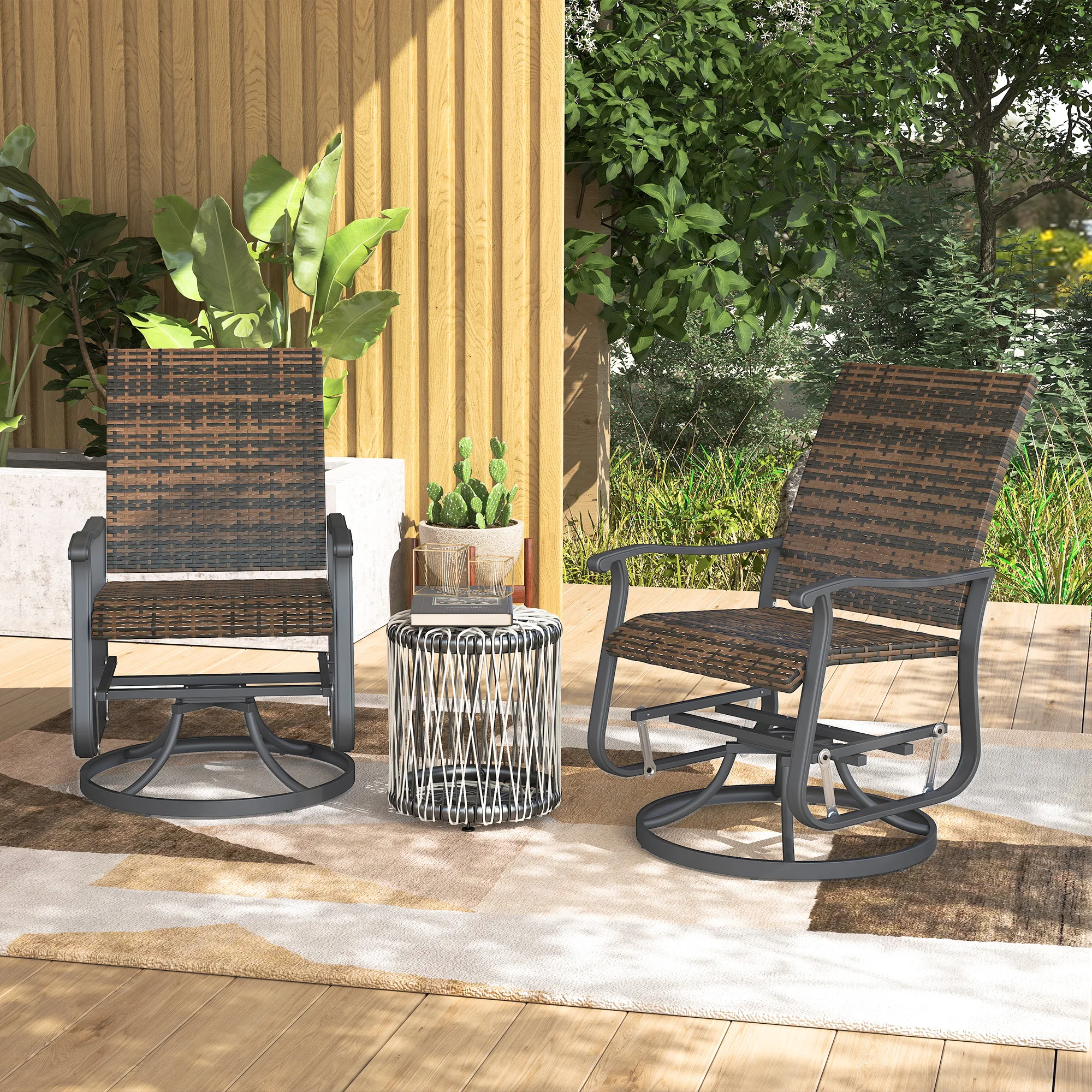 Outdoor Glider Chair Set of 2, Wicker Swivel Patio Glider, Brown